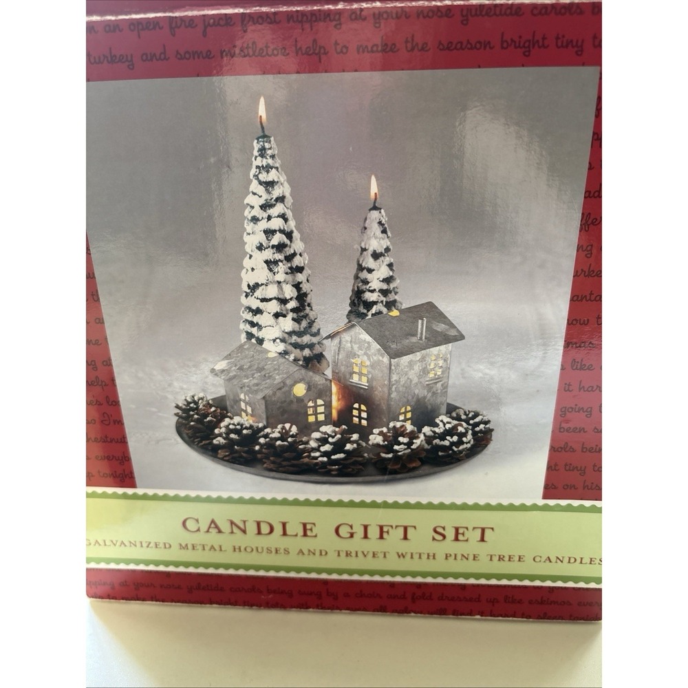 CANDLE GIFT SET-Galvanized Metal House&Trivet with Pine Tree Candles NEW-RARE